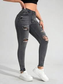 SHEIN Essnce Quần Jeans Denim Skinny Túi Xách Cho Nữ - Xám - Xem 6