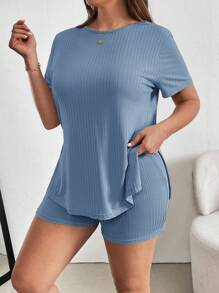SHEIN Essnce 大码纯色休闲短袖上衣和短裤套装，夏季 - 淺藍色 - 查看 5