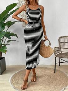 Breezaya Women's Summer Casual Spaghetti Strap Dress With Tie Waist, Side Split Hem Maxi Women Outfit