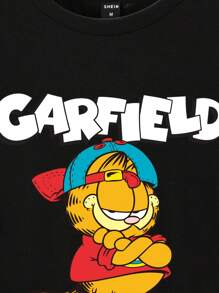 GARFIELD X SHEIN Men Cartoon & Letter Print Round Neck Short Sleeve T-Shirt, Summer