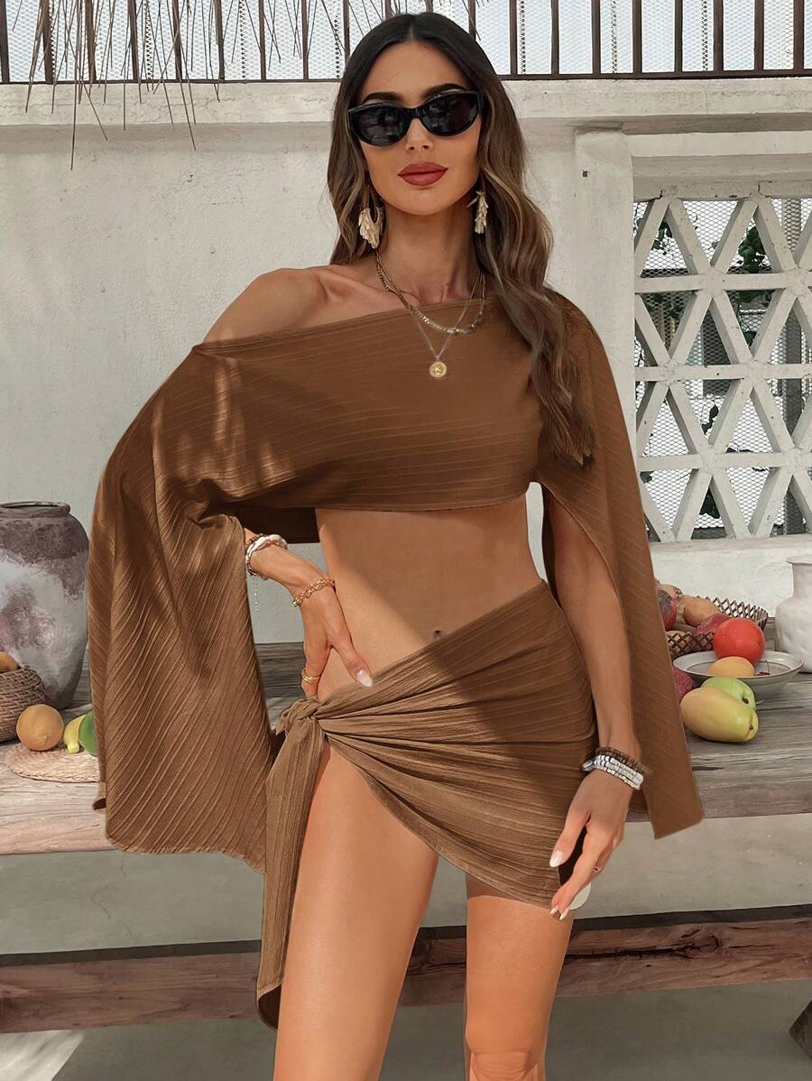 SHEIN VCAY 2pcs/Set Women Vacation Solid Woven Asymmetrical Neck Crop Top & Tie Wrap Mini Skirt