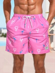 Surfspeed Tropical Print Drawstring Men's Beach Shorts, Suitable For Vacation - Pink - View 4