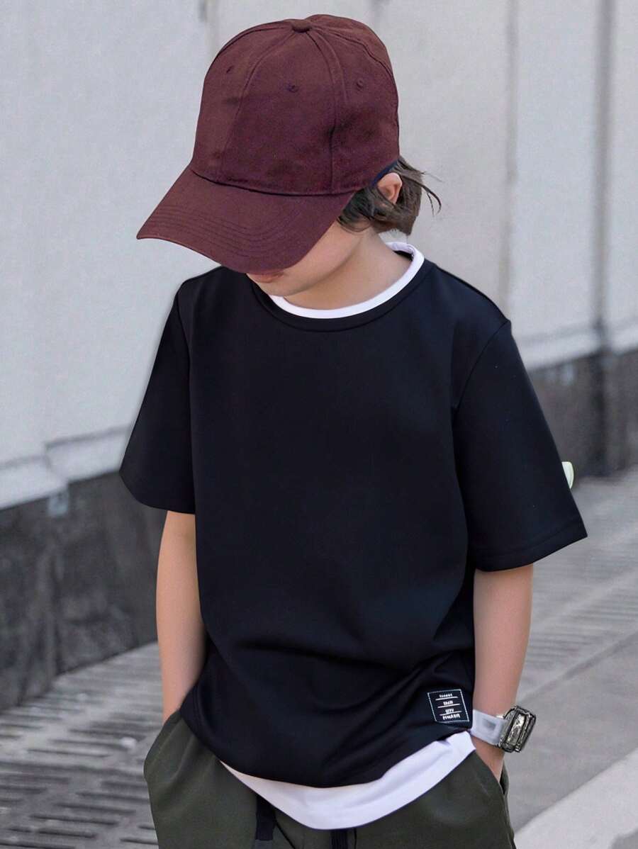 SHEIN Tween Boy Letter Patched Detail 2 In 1 Tee - Black - View 1