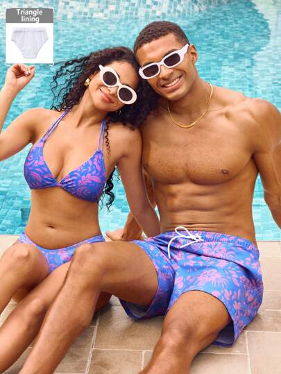 Manfinity VDAYZ Men's All-Over Print Lace-Up Front Casual Beach Pants, Vacation Couple Boyfriend Men Swim Trunks,Hawaiian