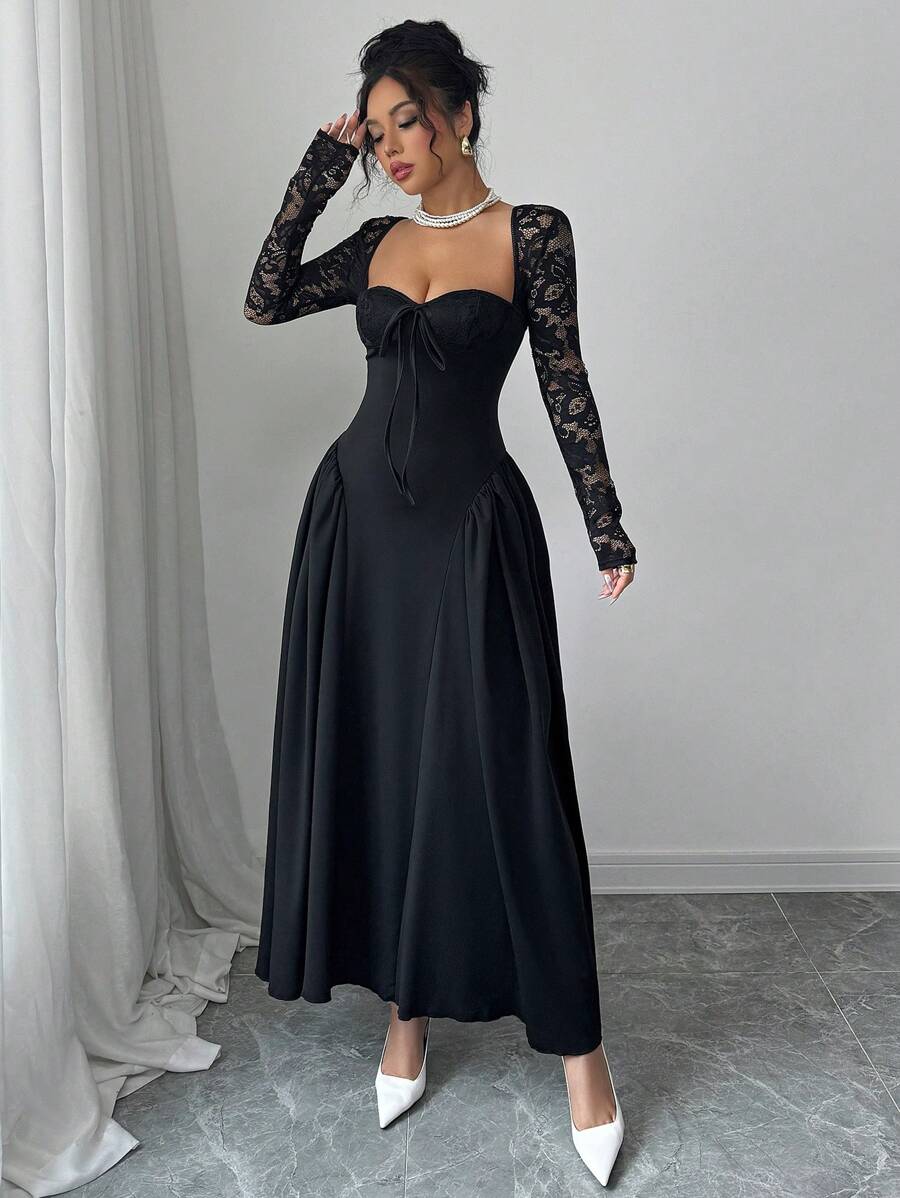 Chiquease 女士春夏甜心领前系带蕾丝长袖褶皱优雅连衣裙女士优雅连衣裙女士晚礼服女士连衣裙 - 黑色 - 查看 1