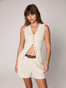 Flirla 2pcs/Set Women Apricot Linen V-Neck Sleeveless Vest & Loose Casual Vacation Shorts Suit