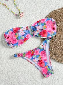 Swim Mod Women's Floral Printed Modest 2 Pieces Swimwear With Ruffles, Holiday Vacation Swimwear For Summer - Multicolor - View 3