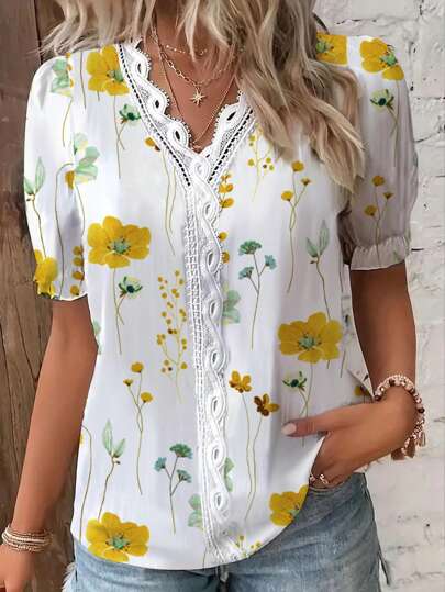 SHEIN LUNE Women's Casual Floral Print Lace Trim Blouse, Suitable For Vacation