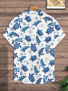 Manfinity RSRT Camisa informal de manga corta de una sola de botones con estampado de tortuga para hombres de talla grande