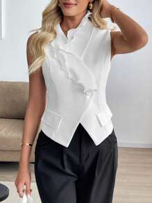SHEIN Clasi Elegant Sleeveless Women's Shirt With White Ruffle Trim And V-Neck - White - View 5