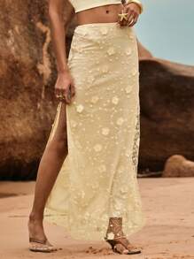 Poéselle Women's Summer Splice Mesh Floral Embroidery Slit Skirt - Apricot - View 3