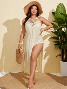 Swim Vcay Vestido tapa playa para talla grande de mujer de unicolor, de cuello halter, tejido a crochet, con diseño calado y ajustado
