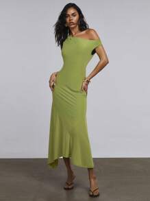 Athîral Damen Einfarbiges Kleid mit asymmetrischem Kragen und Rüschensaum, elegant - Grün - Übersicht 5