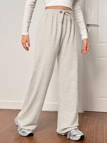 SHEIN 青少年女孩杏色休闲针织宽松长裤，适合春夏秋冬家居服 - 杏色 - 查看 5