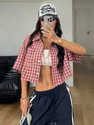 Coolane Women's Spring/Summer Vintage Preppy Crop Plaid Loose Crop Tops Red Shirt For New Years