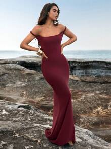 Aloruh 女士性感优雅扭纹露背修身长款酒红色拖尾连衣裙夏季女装度假装 - 酒紅色 - 查看 4