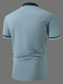 Manfinity Homme 大码男式夏季休闲撞色边饰短袖 Polo 衫 - 霧霾藍 - 查看 3