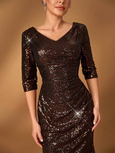 Serin Elegancka luksusowa sukienka syrenka z długimi rękawami i marszczeniami z cekinów, odpowiednia na wesele, imprezę, wakacje, bal, wieczorową suknię dla matki panny młodej