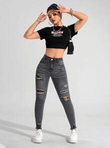 SHEIN Essnce Quần Jeans Denim Skinny Túi Xách Cho Nữ - Xám - Xem 3