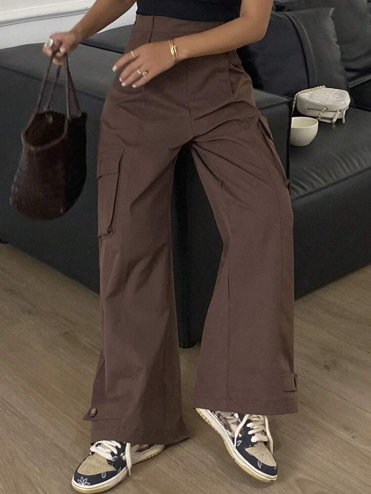Plain Loose Fit Cargo Pants With Pockets & Buckle Straps, Women Wide Leg Pants Women Dress Pants