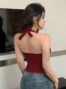 DAZY 女士性感修身露背吊带镂空背心，性感女式上衣，适合度假穿着 - 紅色 - 查看 4