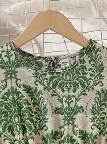 女童满身印花盖袖束腰连衣裙 - 綠色 - 查看 6