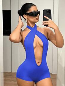 SHEIN ICON Cross Strap Deep V-Neck Tight Jumpsuit - Royal Blue - View 1