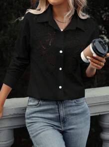 SHEIN LUNE Women's Solid Color Embroidered Front Casual Shirt - Black - View 3