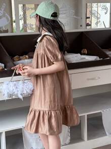 DAZY Tween Girl' Colorblock Doll Face Bow Decor Woven Short Sleeve Dress, Summer,Back To School Clothes - Brown - View 4