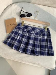 SHEIN Comfortcana 女式学院风印花百褶迷你裙 - 藍色 - 查看 3