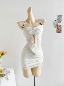 Soleia 2pcs Women's Vacation Floral Textured Asymmetric Hem Halter Top And Mini Skirt Set - Apricot - View 5