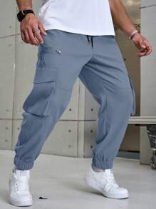 Manfinity Homme Plus Size Men's Casual Drawstring Waist Cargo Pants - Baby Blue - View 6