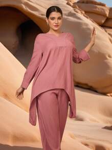 Graceveil Conjunto de 2 piezas: Top con cuello en V y volantes en el bajo, y pantalón largo de cintura elástica para mujer, para primavera/verano - Rosa - Ver 5