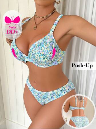 Swim DD+ 女士碎花印花比基尼套装，适合海滩/度假