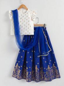 Conjunto de 2 piezas para niña preadolescente que incluye top con volantes de lentejuelas y falda midi con estampado floral retro, además de un pañuelo, adecuado para festivales, fiestas y reuniones