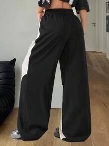 SHEIN EZwear Women's Spring/Summer Cargo Sportswear Couple Costumes Color-Blocked Joggers Pants With Pockets - Black - View 2