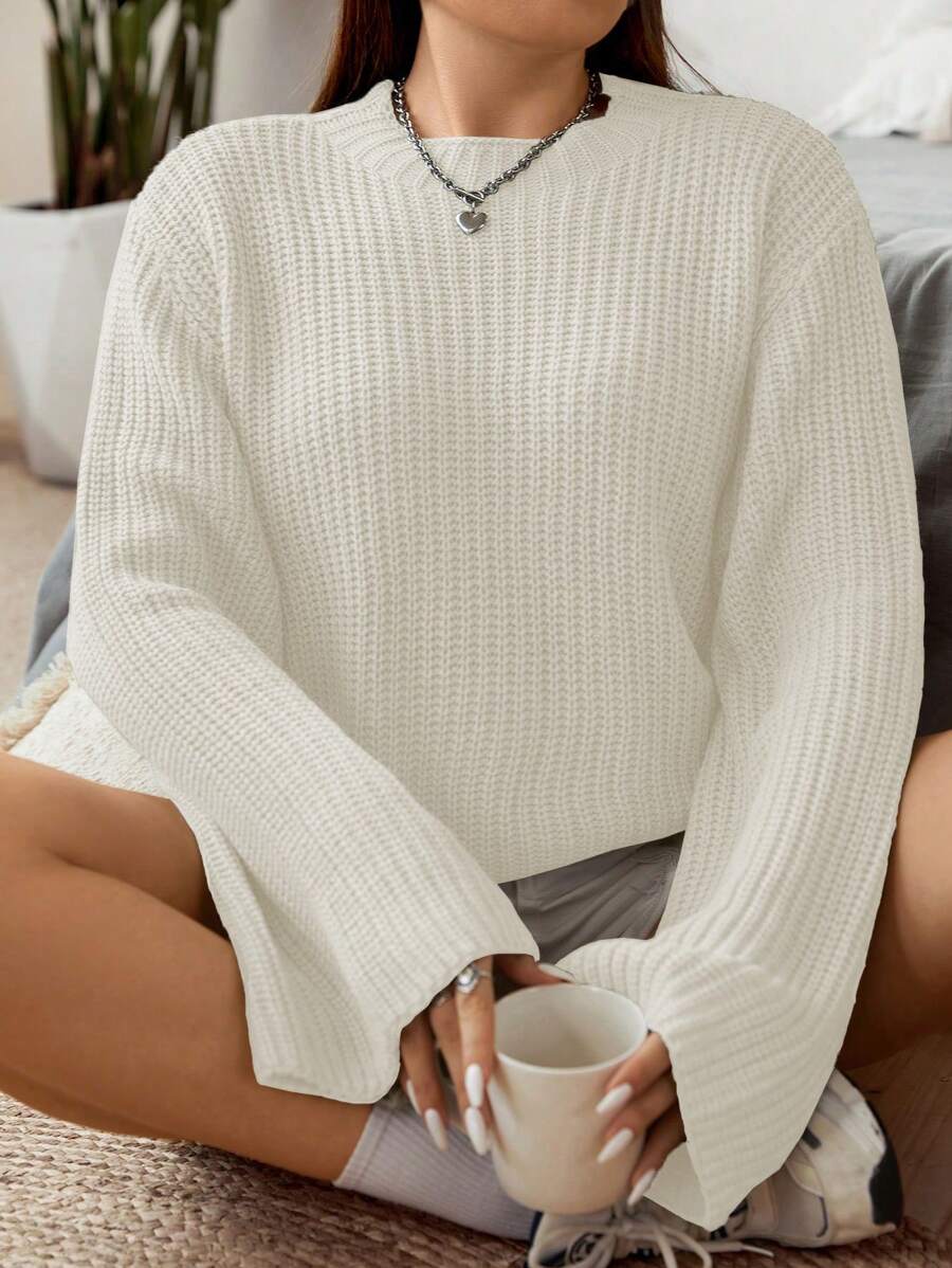 Flirla Plus Drop Shoulder Ribbed Knit Sweater, For Winter Knit Pullover Fall Outfit - Beige - View 1