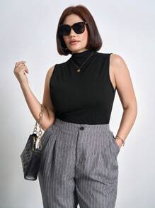 Chikora Plus Size Ruched Slim Fit Stand Collar Tank Top Concert Women Outfit,Business Casual Woman