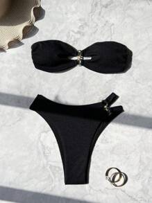 Swim SXY Women Sexy Halter Cut Out Back Bikini Set Swimwear, European Style Beachwear Summer Outfit - Black - View 7