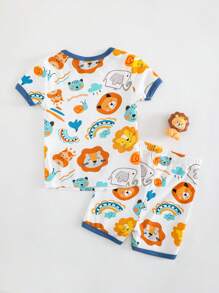 Cozy Pixies 男婴卡通动物印花柔软针织圆领长袖上衣和松紧腰长裤贴身 2 件套睡衣套装 - 藍色 - 查看 2