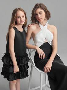 Ontre 女士无袖挂脖式拼色 A 字形连衣裙，塔夫绸轻质派对礼服，春夏