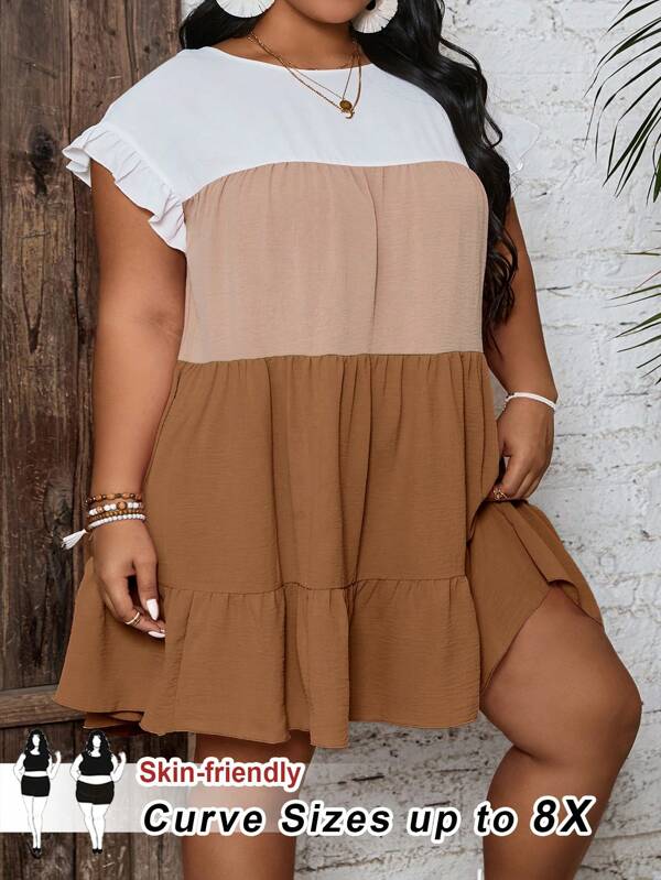 SHEIN CURVE+ Vestido de línea A sin mangas con bloques de color, estilo de vacaciones en la playa para mujer de talla grande, vacaciones bohemias de verano