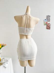 Soleia 2pcs Women's Vacation Floral Textured Asymmetric Hem Halter Top And Mini Skirt Set - Apricot - View 2