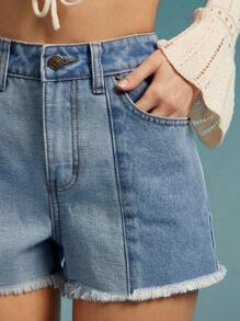 WESTFADE High Rise Western Tonal Patchwork Distressed Hem Denim Jean Cowgirl Shorts Spring Break Summer Beach Vacation