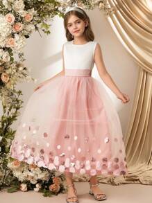 SHEIN Tween Girl Elegant Luxury Floral Print Tulle Wedding Flower Girl Dress - Pink - View 5