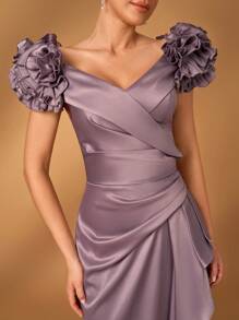 Serin 优雅奢华 3D 缎面荷叶边美人鱼下摆设计长裙，适合婚礼、单身派对、度假、舞会、正式晚宴、新娘母亲礼服 - 淺灰紫 - 查看 1