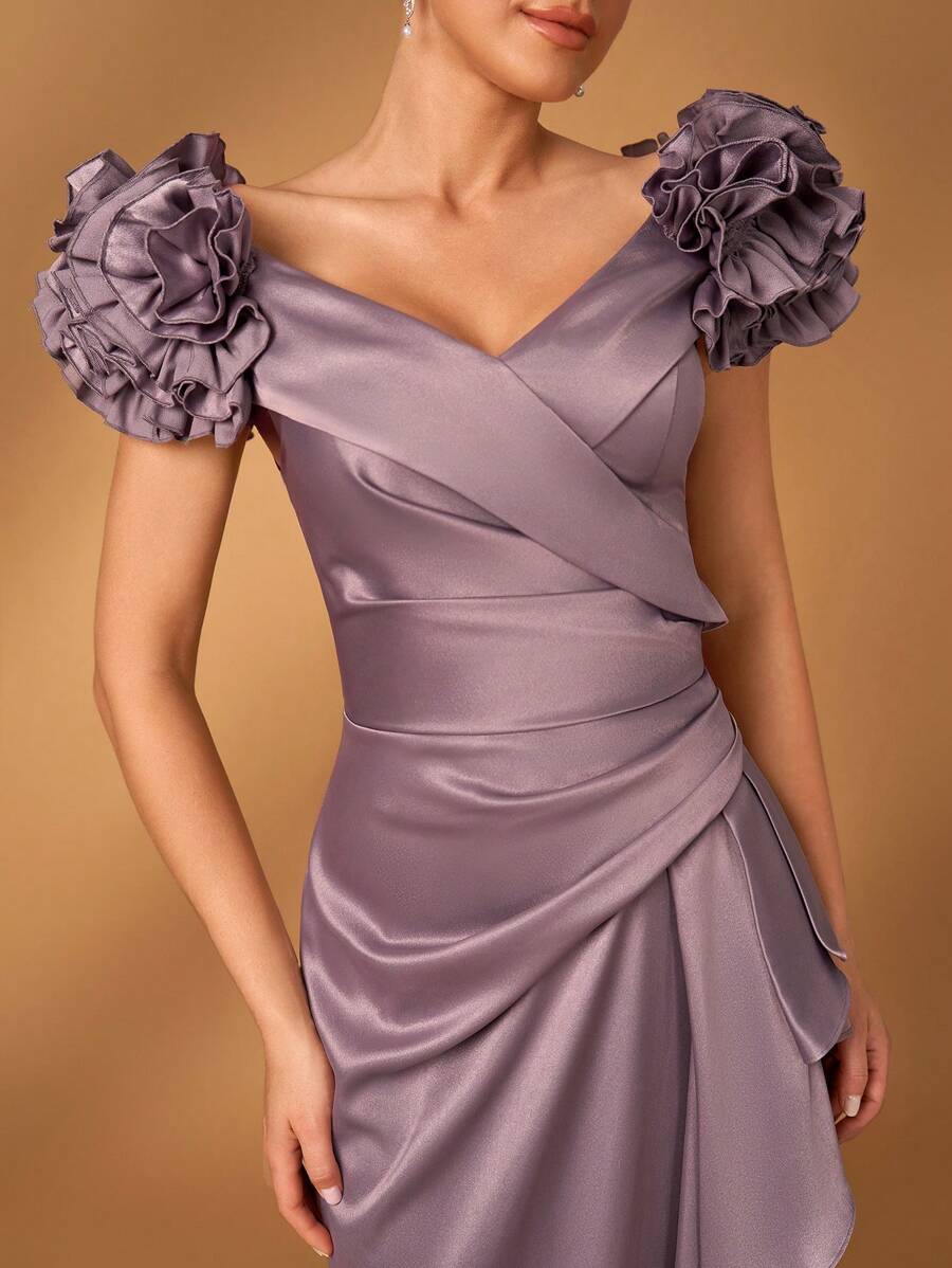 Serin 优雅奢华 3D 缎面荷叶边美人鱼下摆设计长裙，适合婚礼、单身派对、度假、舞会、正式晚宴、新娘母亲礼服 - 淺灰紫 - 查看 1