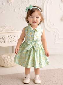 SHEIN Playful Pals 女嬰綠色碎花襯衫洋裝 夏季可愛派對休閒度假風 領口設計 前開扣 薄荷綠蝴蝶結飾洋裝 - 綠色 - 查看 1