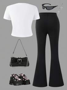 SHEIN Korean Style Bowknot Short Sleeve Top And Flared Pants Outfit, Fashion Casual Set For Teen Girls Suitable For Summer Commute, Leisure, Parties, And Elegant For Wedding Guests