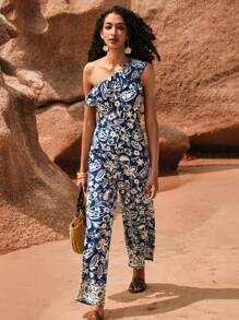 Poéselle 女士节日花卉印花荷叶边肩部连体裤 - 藍白色 - 查看 7